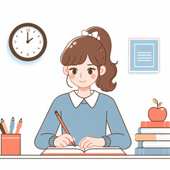Girl writes in notebook. Concept of schooling, literacy. Female character doing school homework