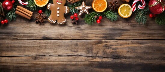 The copy space image showcases a rustic wooden background adorned with spruce branches cinnamon anise lemon slices red berries snow and a gingerbread nutcracker - Powered by Adobe