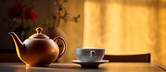 An elegant teapot placed on a bright table in a well lit room creating a photograph with ample copy space image