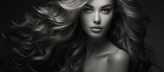 Fototapeta premium The beautiful model girl poses with subtle makeup and long healthy wavy hair in a black and white portrait with a cropped view The image highlights hair care and styling products