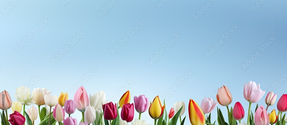 Poster a panoramic flat lay image featuring a bouquet of tulip flowers against a blue sky background with a
