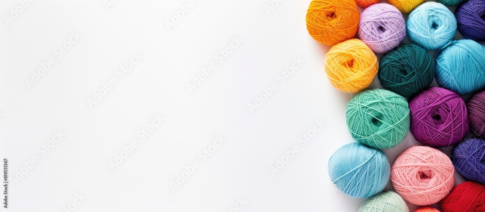 Poster Top view of a color yarn for knitting against a white background This flat lay image provides ample copy space