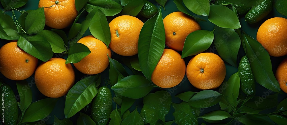 Aufkleber A top view of organic tangerines arranged on a green background suitable for a copy space image