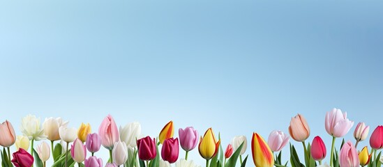 A panoramic flat lay image featuring a bouquet of tulip flowers against a blue sky background with ample copy space