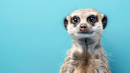 Meerkat looking at the camera with a curious expression on its face. The meerkat is standing on a blue background, and its fur is brown and tan. - Powered by Adobe