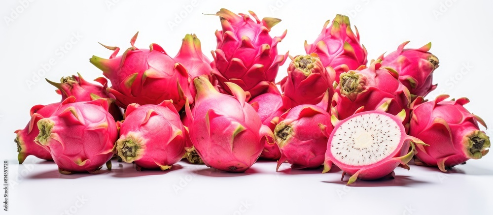 Poster Dragon fruits arranged on a white surface with plenty of empty space around the fruits for graphical or textual additions. with copy space image. Place for adding text or design