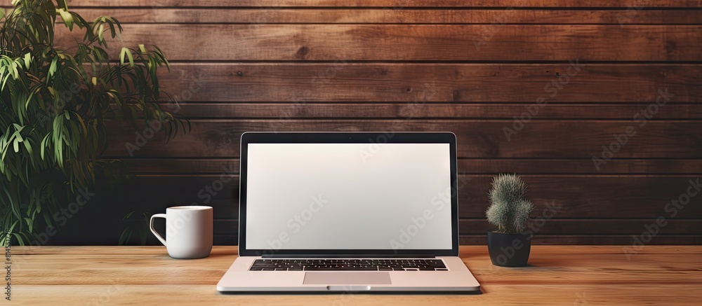 Poster A trendy workspace featuring a stylish laptop displaying a blank screen perfect for adding a personalized design. with copy space image. Place for adding text or design