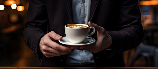 With an image of copy space and a tablet in the background a person holds a cup of coffee in hand