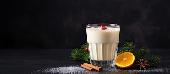 A photograph of eggnog a traditional winter and Christmas drink can be seen on a grey table providing ample space for additional text or images