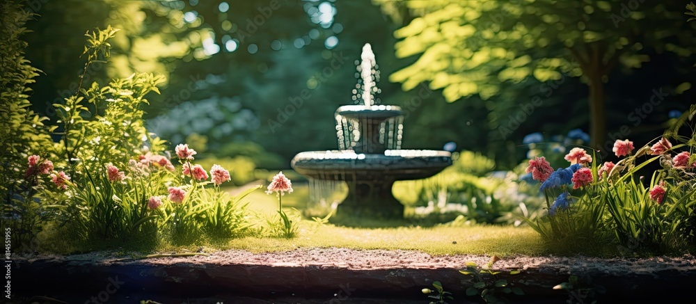 Poster in the garden there is a charming spring water fountain providing a picturesque view with ample copy