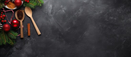 Top view of Christmas cooking utensils and a Christmas tree on a dark stone background with copy space for your text
