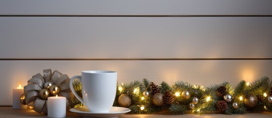 A festive copy space image featuring a white mug adorned with a Christmas wreath and accompanied by a lantern placed on a mantelpiece