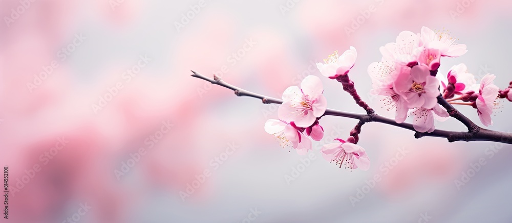 Poster A stunning pink sakura flower representing the arrival of spring set against a natural backdrop with empty space for text or images. with copy space image. Place for adding text or design