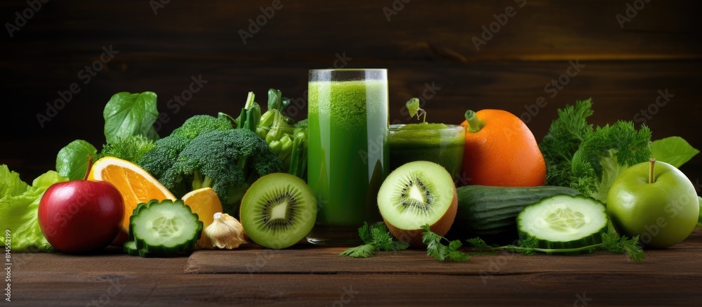 Aufkleber Close up copy space image of a refreshing and nourishing green juice made with a vibrant assortment of fruits and vegetables on a rustic wooden table