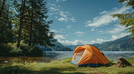 An orange tent pitched up next to a calm body of water in a beautiful summer landscape - Powered by Adobe