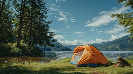 An orange tent pitched up next to a calm body of water in a beautiful summer landscape