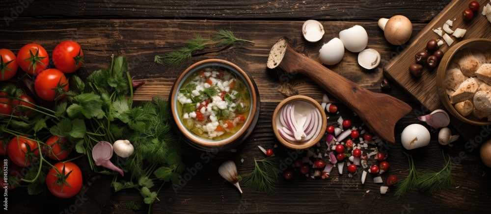 Aufkleber Wooden background showcasing various ingredients for okroshka. with copy space image. Place for adding text or design