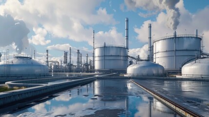 A factory with numerous tanks and pipes, suitable for industrial concepts and backgrounds
