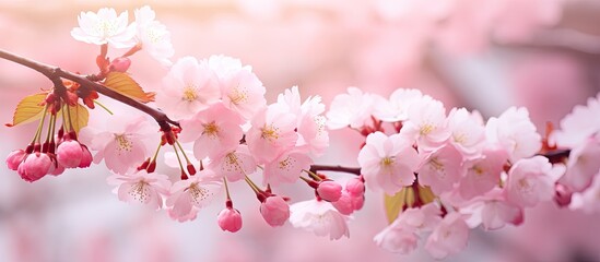 Fototapeta premium Closeup of a pink sakura tree outdoors on a spring day with a copy space image