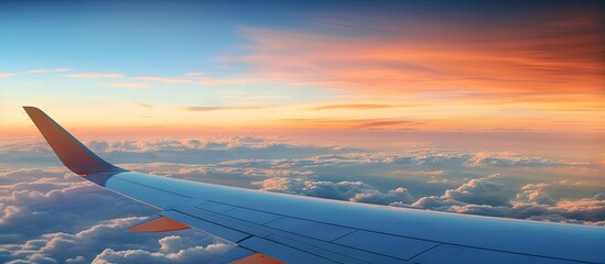 The silhouette of an aircraft wing at sunset reflects light surrounded by dense fluffy white clouds against a high level blue sky The view from the airplane window appears unsharp and noisy with ample