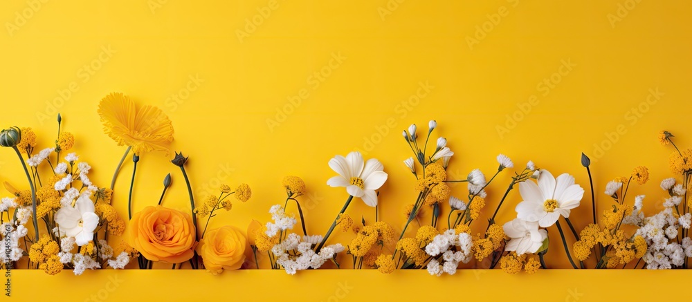 Poster A stunning display of spring wildflowers on a vibrant yellow backdrop adding an enchanting touch to the scene A perfect copy space image