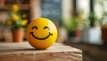 Bright yellow smiley face ball on a wooden table represents positivity and National Say Something Nice Day, with a warm blurred background adding to the ambiance