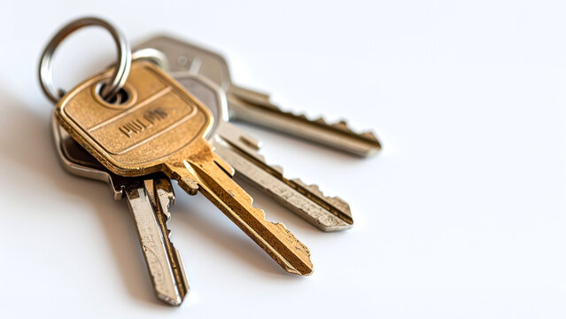 Close-up of a set of golden keys isolated on a white background