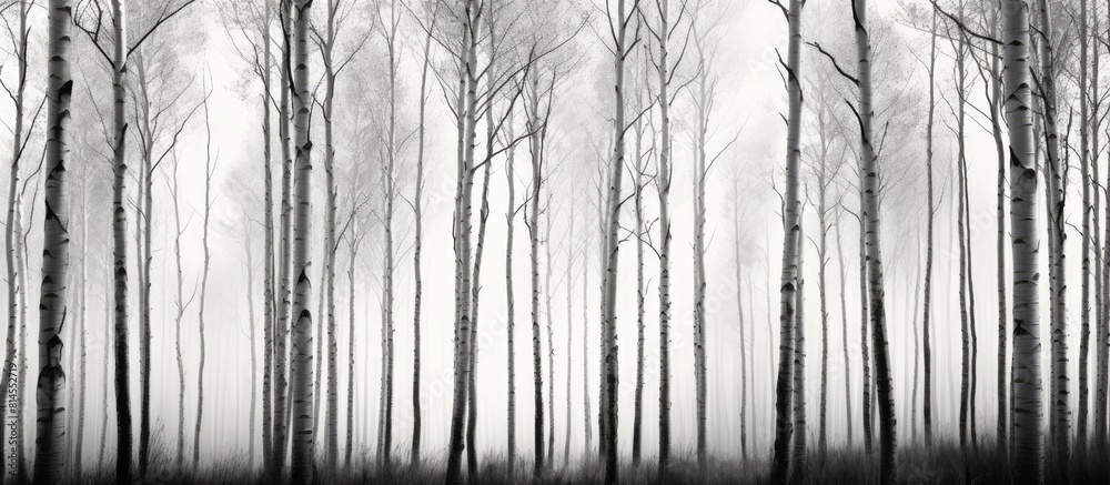 Aufkleber A copy space image featuring a cluster of aspen trees standing amidst a forest captured in black and white