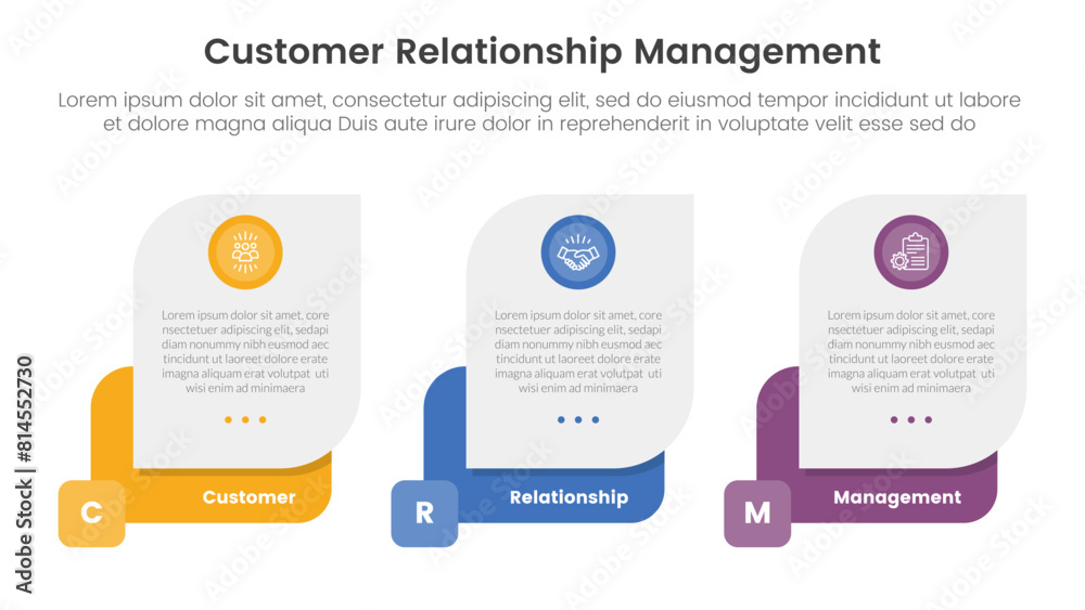Poster crm customer relationship management infographic 3 point stage template with creative box shape hori