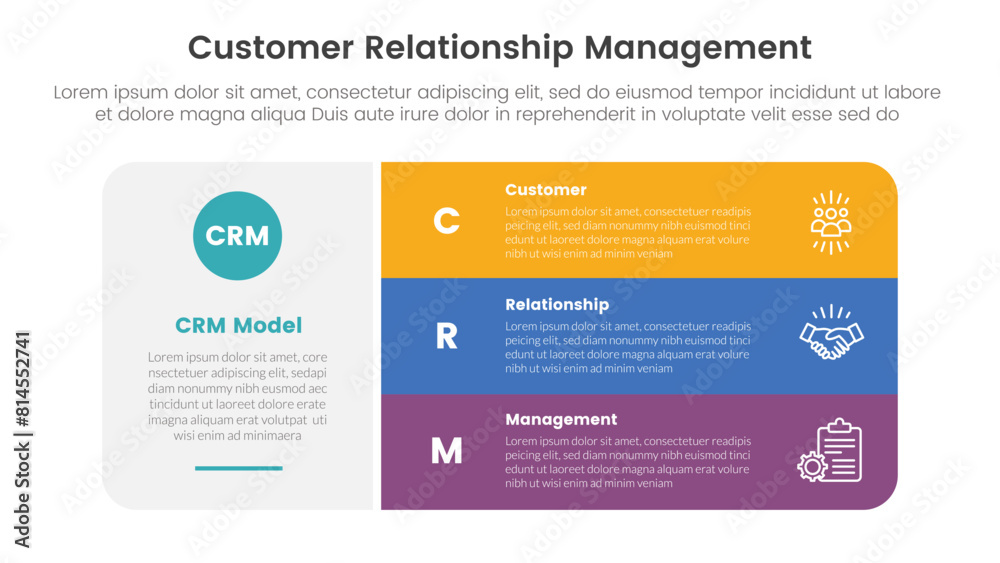 Poster crm customer relationship management infographic 3 point stage template with big round rectangle box