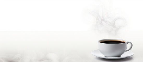 Copy space image of a steaming cup of coffee set against a plain white backdrop