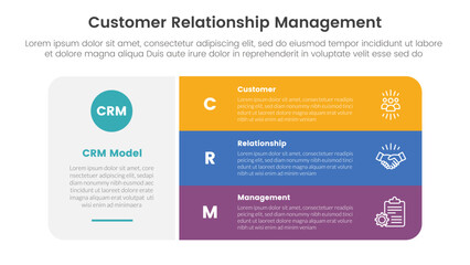 CRM customer relationship management infographic 3 point stage template with big round rectangle box with stack list for slide presentation