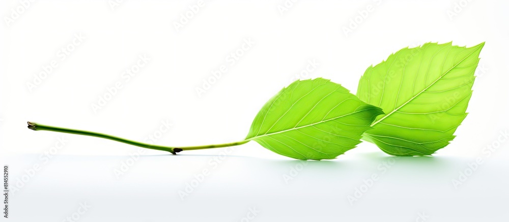 Poster A solitary leaf in a vibrant shade of light green with a clean white background leaving ample empty space in the image