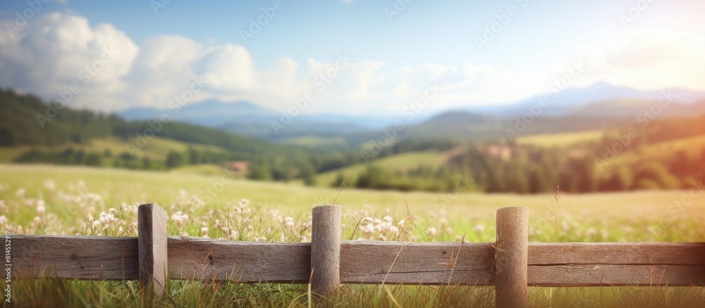 Poster The background of the image is a blurred nature scene with a fence in the foreground leaving empty space for text or other elements. with copy space image. Place for adding text or design
