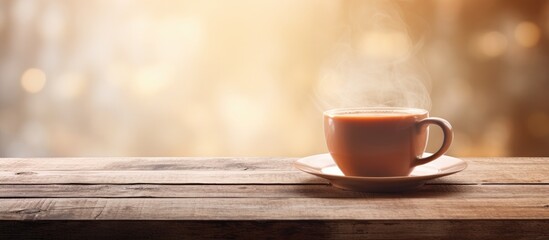Relaxing cup of tea on a wooden table with light texture Represents relaxation holidays and weekends Copy space image