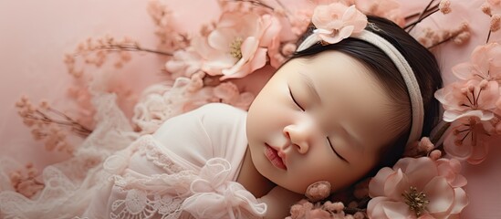 Newborn Asian baby girl peacefully sleeping on a lace with a delicate flower pattern creating an adorable photo concept with ample copy space image