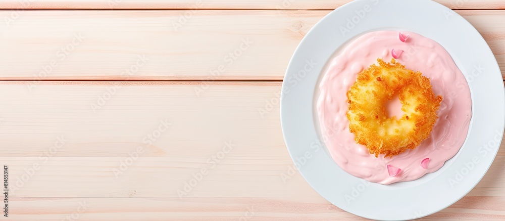 Poster Top down view of a fried camembert atop a pink plate situated on a pristine white wooden surface The arrangement offers ample copy space for text within the frame