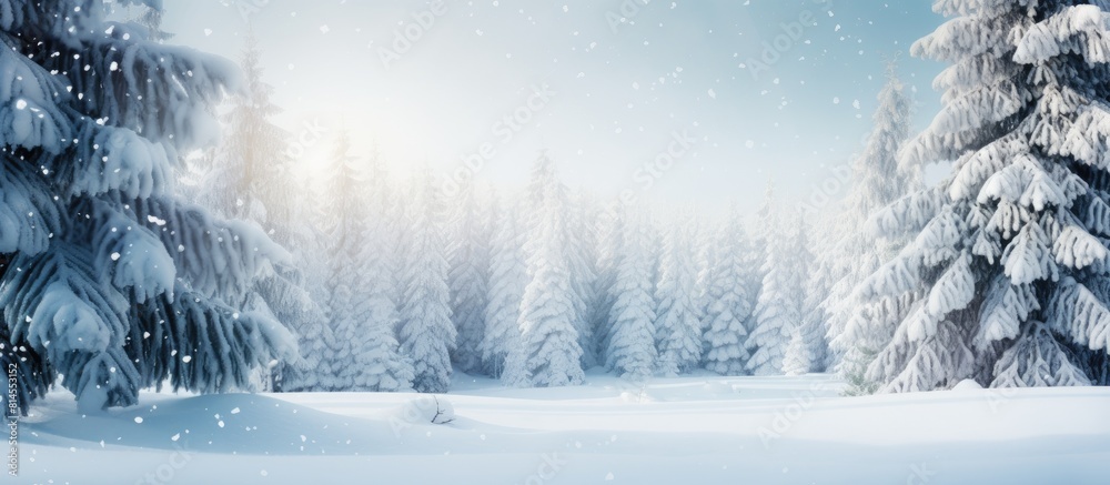 Poster a serene winter forest with pine cones scattered amongst the pure white snow creating a copy space i