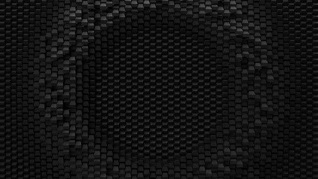 4k black moving bricks surface. Abstract background with geometric concept with radial ripples. fluid motion design pattern. 3d loop animation, Seamless 3d animation loop.