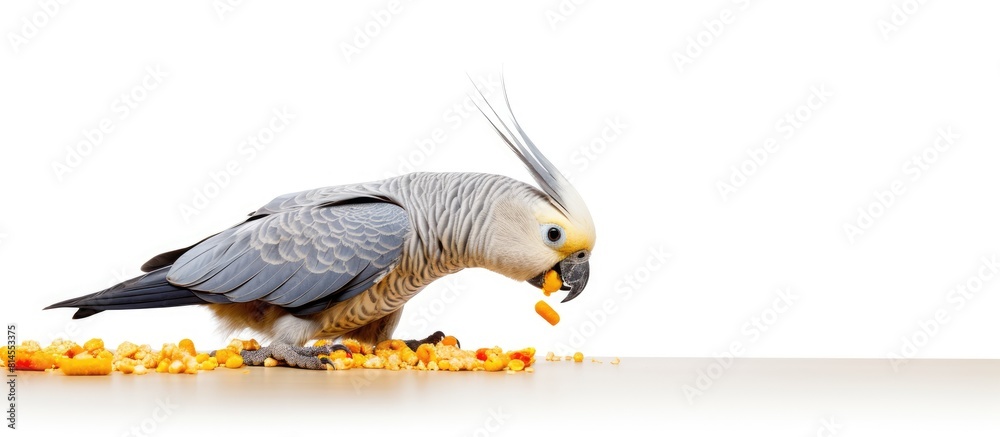 Poster A female gray cockatiel parrot is eating grain The parrot is isolated on a white background and there is space for text in the image. with copy space image. Place for adding text or design