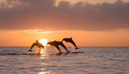 A group of dolphins playfully jumping out of the w upscaled_3