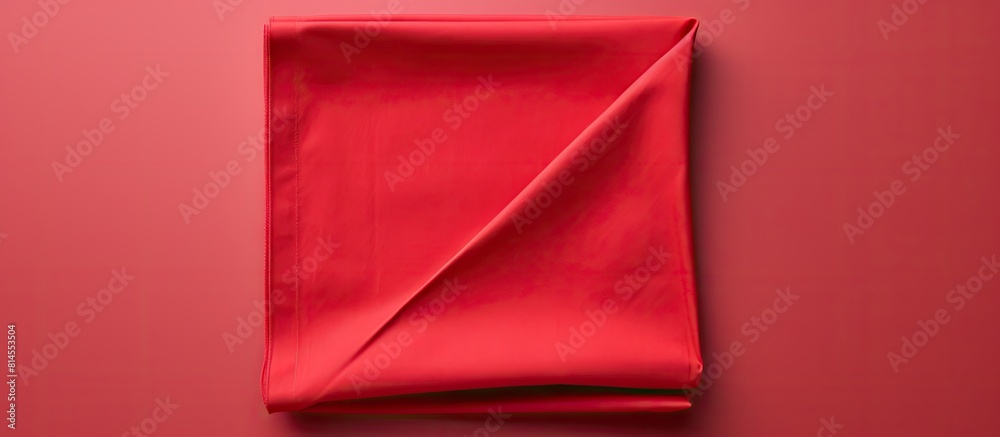 Poster The red kitchen napkin is placed on a table viewed from the top The folded cloth is isolated and ready for use in a mockup Flat lay photography is used for a minimalist aesthetic Copy space is availab