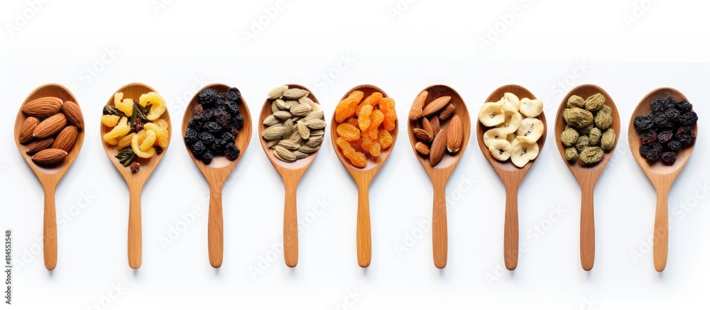 Poster a top down view of dried fruit tea displayed on a white background with a wooden spoon nearby there 