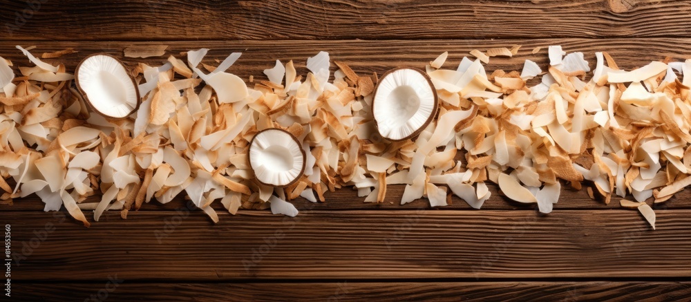 Poster Flat lay of delicious coconut chips placed on a wooden table creating an appetizing display There is ample empty space for text