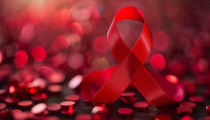World AIDS Day, symbolic red ribbon for AIDS awareness stands out against a blurred red background with subtle light and reflections
