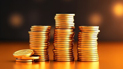 Stacks of gold coins on a shiny reflective surface with a blurred background of glowing lights.