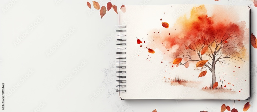 Aufkleber An autumn themed design template featuring an artist s sketchbook mock up The mock up showcases a watercolor sketch of fall trees It is shot from the top on a white background allowing for copy space