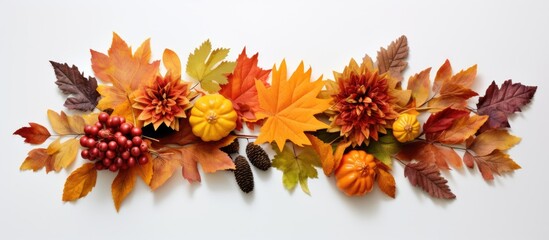 Obraz premium Top down view of a Thanksgiving themed fall leaf arrangement on a white background offering ample room for copy space in the image