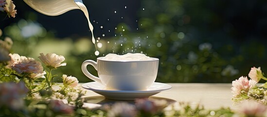There is a copy space image of a coffee cup on a table in the garden of a restaurant with milk being poured into it