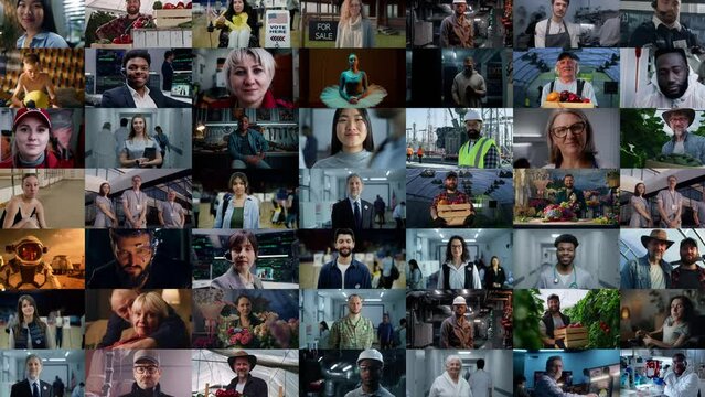 Montage of multiethnic and multicultural people smile and look at camera. Edited collage of portraits of American citizens and workers with diverse gender, ethnicity and occupation. Society concept.